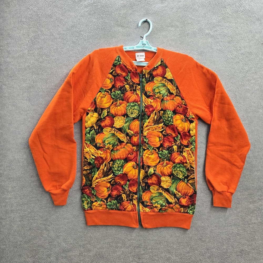 VINTAGE JERZEES Women Sweatshirt L Orange Pumpkin Vegetables 90s USA